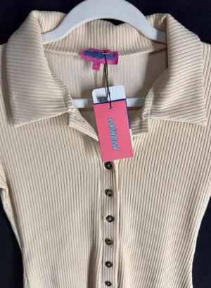 Edikted Button-Up Romper Jumpsuit Beige thumbnail 3