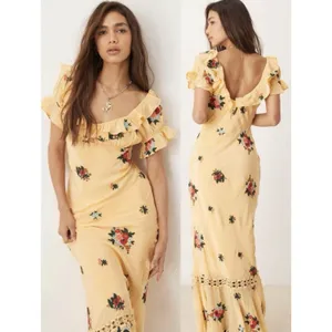 Free People Bali Santa Cruz Ruffle Maxi Dress S Yellow Floral Puff Sleeve Boho thumbnail 2