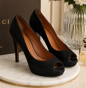 Gucci Black Suede‎ Peep Toe Platform Stiletto Pumps Heels Size 37 thumbnail 1