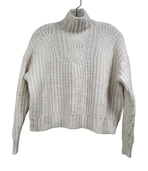 Aerie Womens XS Mock Neck Cable Knit Sweater Cream Pinkish Wool Blend Chunky thumbnail 1