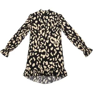 YOZY Women Leopard Print Mock Neck Ruched Ruffle Mini Dress Black Cream Small thumbnail 2