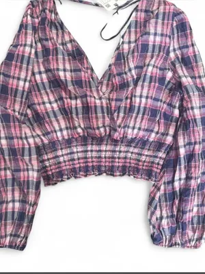 Zara Pink & Navy Plaid V-Neck Smocked Crop Top thumbnail 1