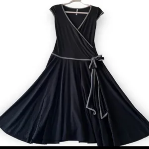 CHERISH Black Dress Womens Small 50s Retro Rockabilly Pinup Wrap Swing Midi Trim thumbnail 2