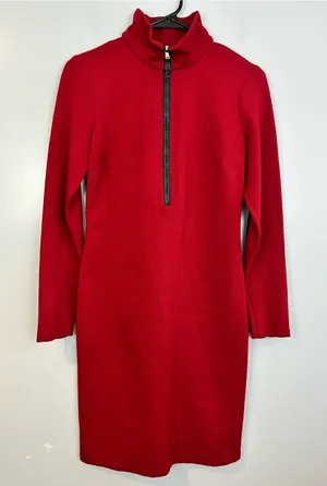 Ralph Lauren Red Mock Neck Lamb Leather Elbow Pad Sheath Bodycon Dress Size 2 thumbnail 1
