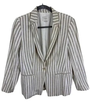 LOFT Tan White Striped Linen Blend Single Button Blazer Jacket Womens 6 thumbnail 1