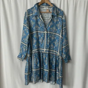 Sandro Blue Paisley Long Sleeve Collared Chloe Silk Mini Dress **Size 40/US 8** thumbnail 4