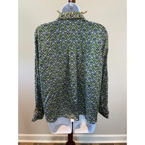 Zara Satin Button Up Top Size M Green Abstract Boho Desi Print thumbnail 2