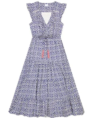 Mer St Barth Giselle Women's Maxi‎ Dress Navy Ikat Sundress Size Small Tassels thumbnail 1