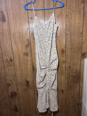 NWT Cupshe Brisa M White Purple Ditsy Floral Ruched Ruffle Midi Dress thumbnail 8