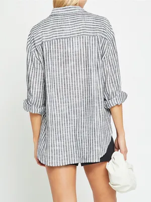 NWT few moda Billy Oversized Linen Shirt size Small S Black Stripe button theory thumbnail 2