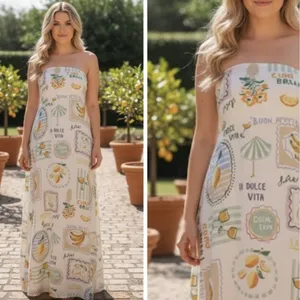 Paper Heart Destination Travel Graphic Strapless Linen Maxi Dress thumbnail 2