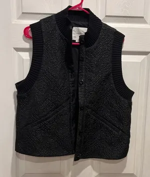 Anthropologie Quilted Button Front Vest Black Ribbed Collar Sleeves Womens‎ L thumbnail 1