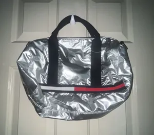 Tommy Hilfiger Silver Metallic Nylon Duffle Barrel Weekender Bag thumbnail 1