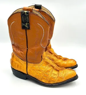 ⁠Vintage Mustard Yellow Caiman Leather Cowboy Boots Womens 4.5 5 Youth 3 Western thumbnail 1