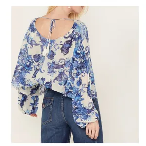 Free People Up For Anything White Blue Floral Smocked Long Sleeve Blouse thumbnail 2