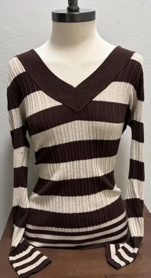 No Boundaries Vintage Y2k Brown And White Striped V-neck Sweater Sz L thumbnail 1