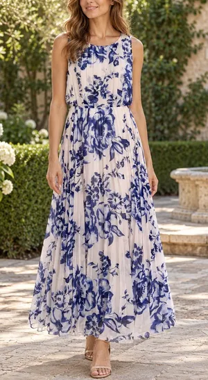 Eliza J Pleated Chiffon Blue White Floral Maxi Dress Size 8 thumbnail 1