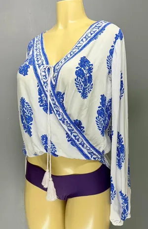 Source Unknown Blue & White Tassel Wrap Top | Long Sleeve Boho Peasant Blouse | M thumbnail 1