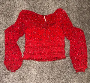 Free People Lolita Red Floral Long Sleeve Smocked Blouse thumbnail 1
