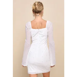 NWOT Lulus Flirty Luxury Ivory Mesh Pearl Long Sleeve Mini Dress Size Large thumbnail 2