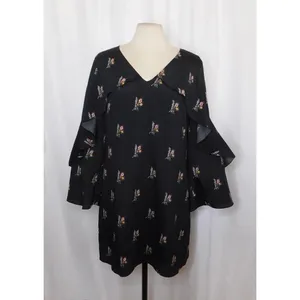 KOBI HALPERIN Ayana Ruffle Sleeve‎ Black Floral Dress Cape Shift Dress Medium thumbnail 2