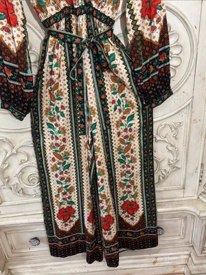 Farm Rio x New Anthropologie Cotton Boho Floral Jumpsuit Long Sleeve S-S thumbnail 7