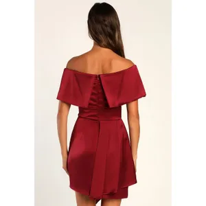 NWT Lulus Always Celebrating Burgundy Satin Off-the-Shoulder Mini Dress Party M thumbnail 3