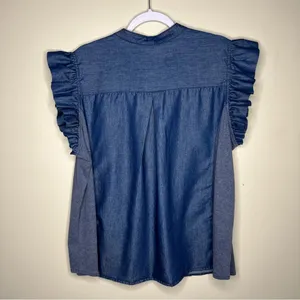 NY Collection Woman Dark Wash Cotton Chambray‎ Flutter Sleeve Button Front Top thumbnail 8