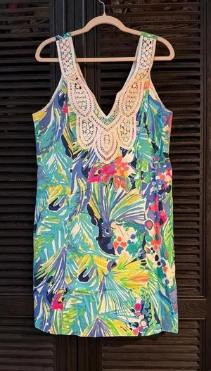 Lilly Pulitzer Largo Shift Dress vibrant floral print white lace women's‎ 12 thumbnail 1