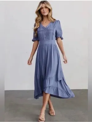 Baltic Born Hannah Dusty Blue Midi Boho Lace Dress Large thumbnail 2