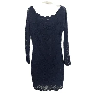 Navy Blue Floral Lace Body Con Long Sleeve Dress Y2K Club M Off Shoulder USA thumbnail 3