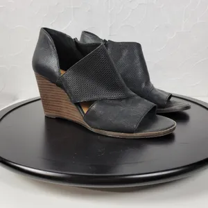 Lucky Brand Jedrek Womens Wedge Size 11 Black Leather Open Toe Slip On Pump Heel thumbnail 2
