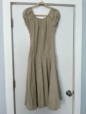 Neutral Tan Boho Belted Dress Renaissance Fair gauzy retro medium flowy thumbnail 5