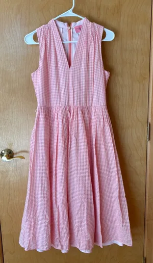 Kate Spade Gingham Dress Women 6 Pink Silk Blend V-Neck Fit Flare K7652 thumbnail 1