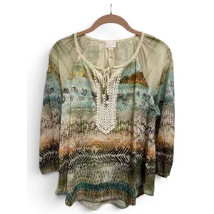 Chico's Abstract Print Crochet Lace‎ Tie Neck Top Green Blue Boho Size 1 M 8 thumbnail 2