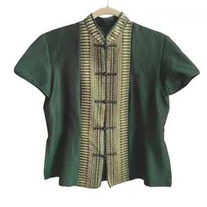 Handmade Blouse Women XS/S Green Gold Traditional Frog Button Mandarin Collar thumbnail 1