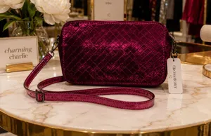 NWT Charming Charlie Fuchsia Velvet Quilted Crossbody Bag Metallic Pink Purse thumbnail 1