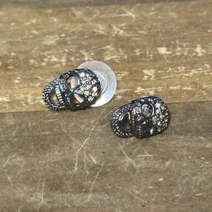 Silver tone pave skull post earrings thumbnail 4