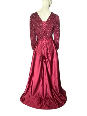 Flocked Velvet Sequin Bodice Pleated Satin Skirt Ball Gown Burgundy Size 16 NWOT thumbnail 4