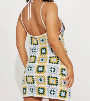 Retro Green & White Crochet Cover Up Mini Dress thumbnail 9