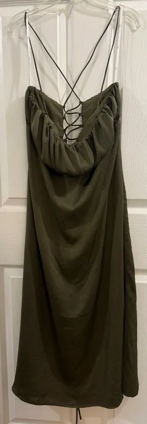 Lulu's Olive Green Midi Dress with Crisscross Lace-Up Back thumbnail 1