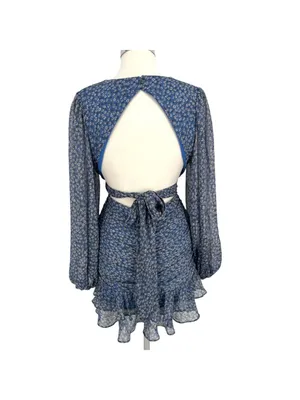 Bardot Floral V-Neck Long-Sleeve Mini Dress Ruffled Ruched Blue Size XL thumbnail 7