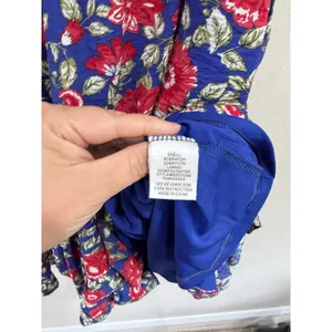 Pepper Floral Puff Sleeve Mini Dress Blue Red Smocked Back Coquette Size L thumbnail 3