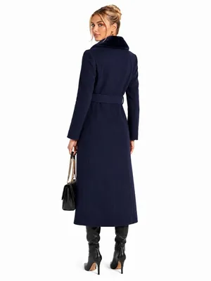 NEW Naked Wardrobe Navy Blue Faux Fur Collar Belted Long Coat Small Winter Lux thumbnail 3