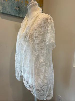 White Lace Draped Open Front Cardigan Size L thumbnail 2