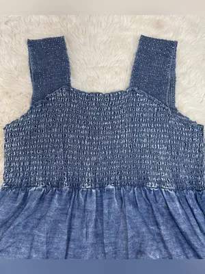 SOFT‎ SURROUNDINGS Smocked Chambray Denim Maxi Dress Large Petite Sleeveless thumbnail 4