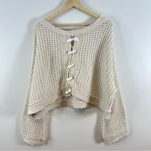 Free People | Lace Up Back Oversized Waffle Knit Sweater Ivory Small thumbnail 7