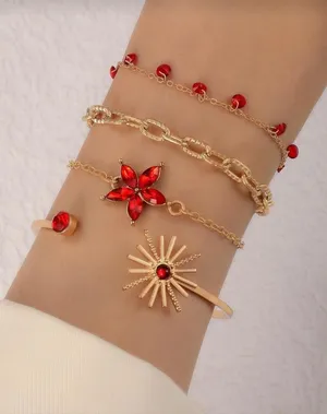 Set 4pcs Adjustable Bracelets Chain Crystal Red Sun Flower Boutique thumbnail 1