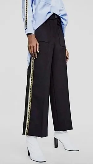 Zara Wide Leg Side Tape Stripe Pants Trouser Sz Medium Black thumbnail 1