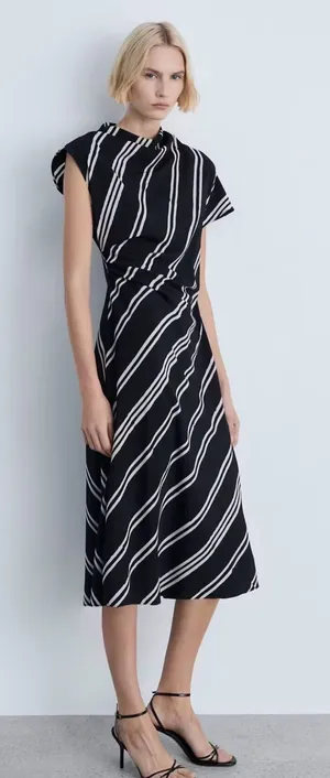 Mango Draped Striped Midi Dress Black White Italian‎ Fabric Size US 4-Small thumbnail 1